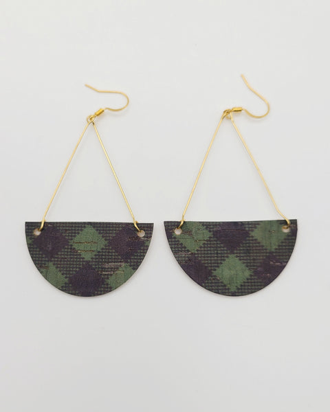 Green and Black Cork Plaid Triangle Drop Earrings