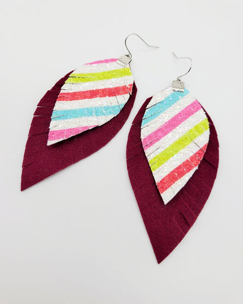 Bright Christmas Stripes over Burgundy Suede Feather earrings