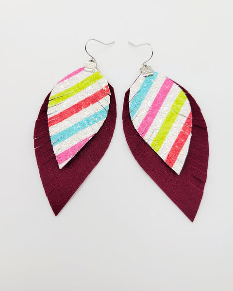 Bright Christmas Stripes over Burgundy Suede Feather earrings
