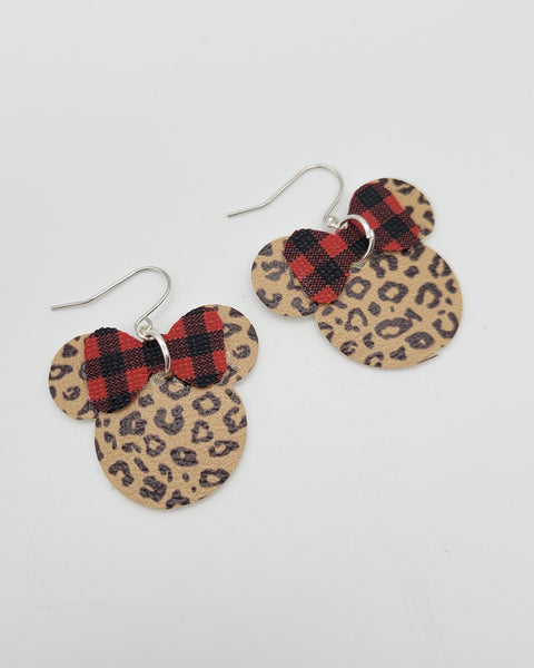 Leopard Minnie with Red Plaid Bow Earrings
