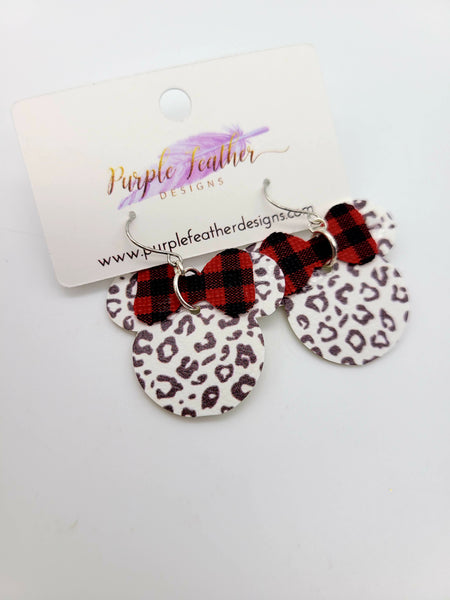 White Leopard Minnie with Red Plaid Bow Earrings