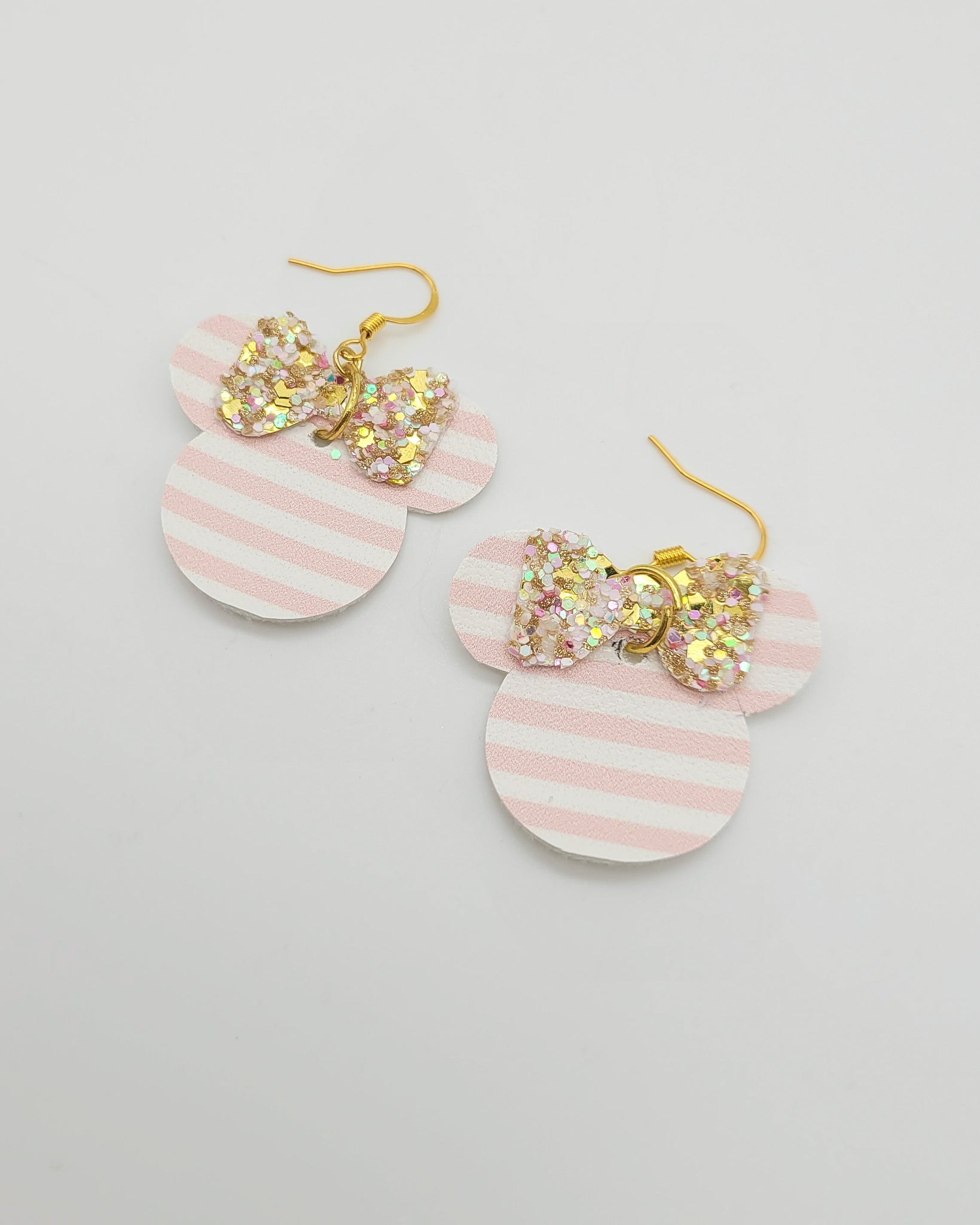 Light Pink Stripes and Glitter Bow Minnie Earrings