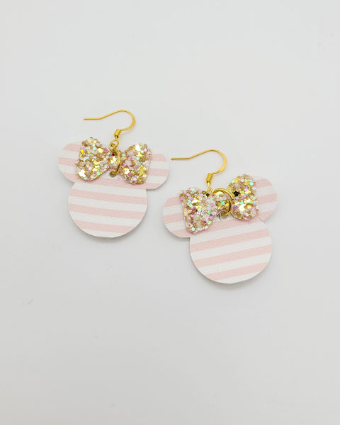 Light Pink Stripes and Glitter Bow Minnie Earrings