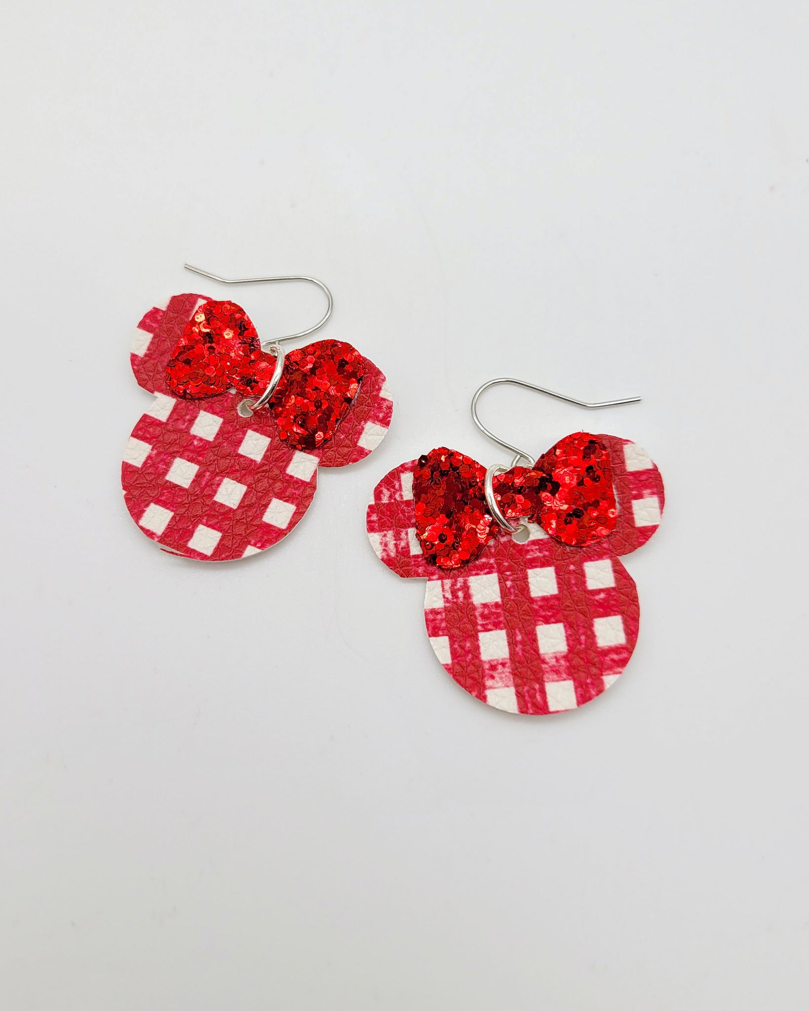 Red Plaid with Red Glitter Bow Minnie Earrings