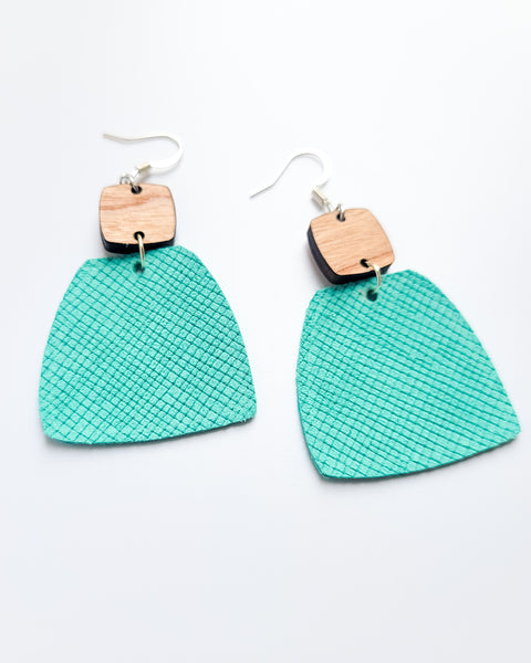 Lagoon Blue Wood and Leather Block Earrings