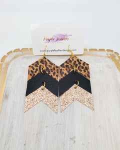 Cork Leopard, Black and Fine Gold Glitter Chevron Earrings