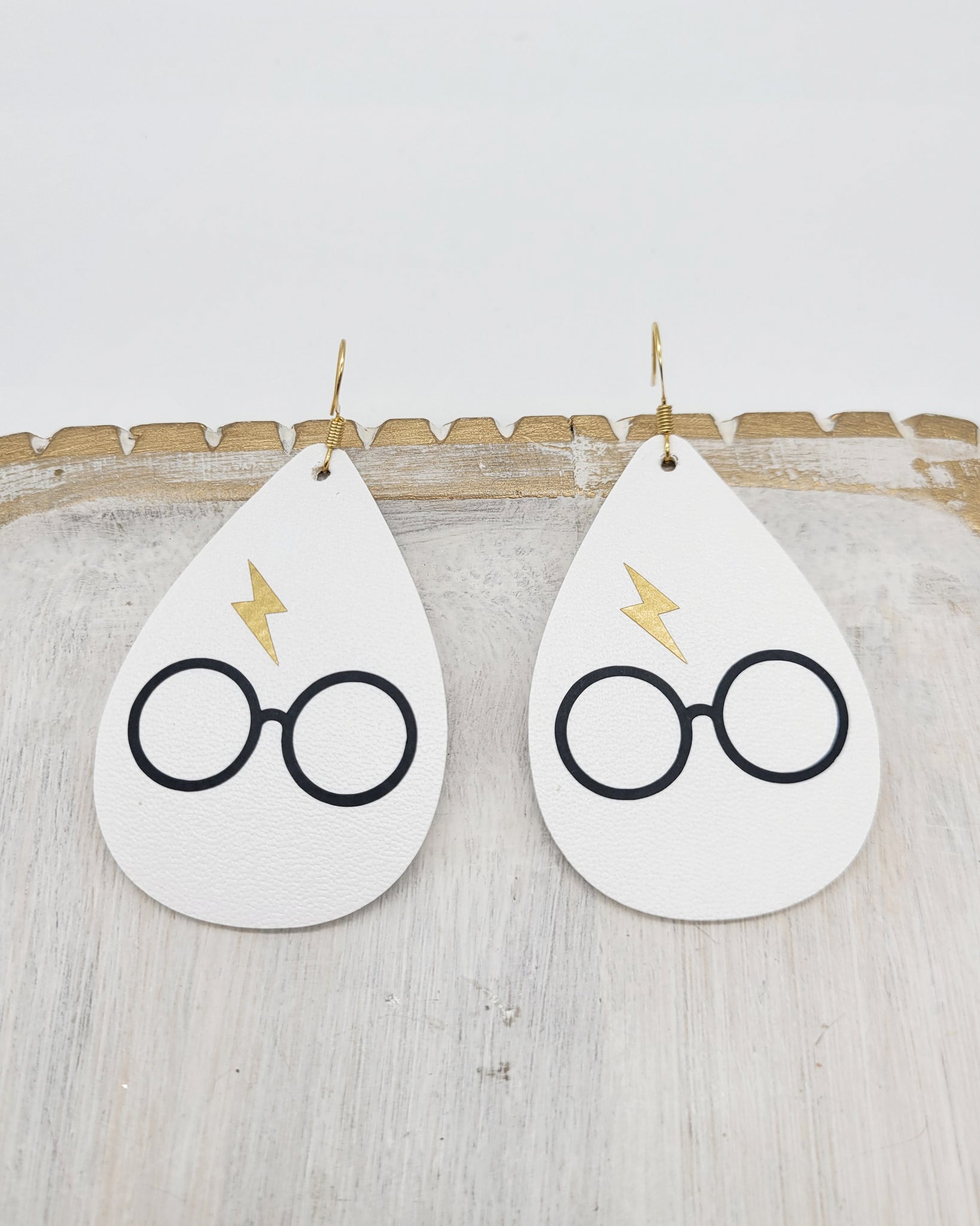 Glasses and Lightning Bolt White Earrings