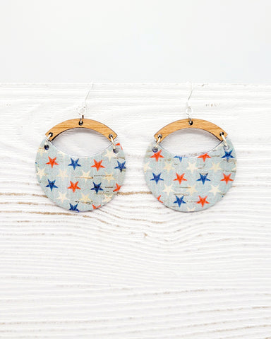 Red, White & Blue Stars Cork and Wood Earrings, Leather Backed