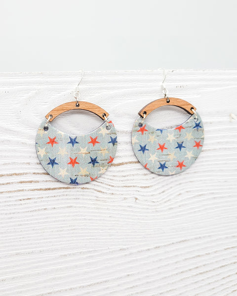 Red, White & Blue Stars Cork and Wood Earrings, Leather Backed