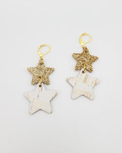 Gold Glitter and White Cork Star Earrings