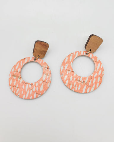 Tangerine Rain Cork Hoop Earrings on Wood Posts