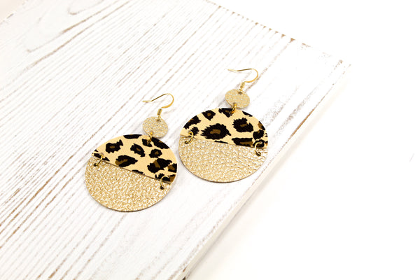 Leopard & Gold Drop Disc Earrings