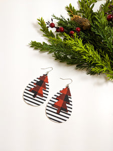 Red Plaid and Striped Christmas Tree earrings