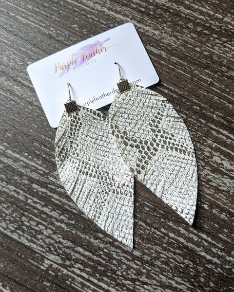 Silver & White Snakeskin Fringe Feather Earrings