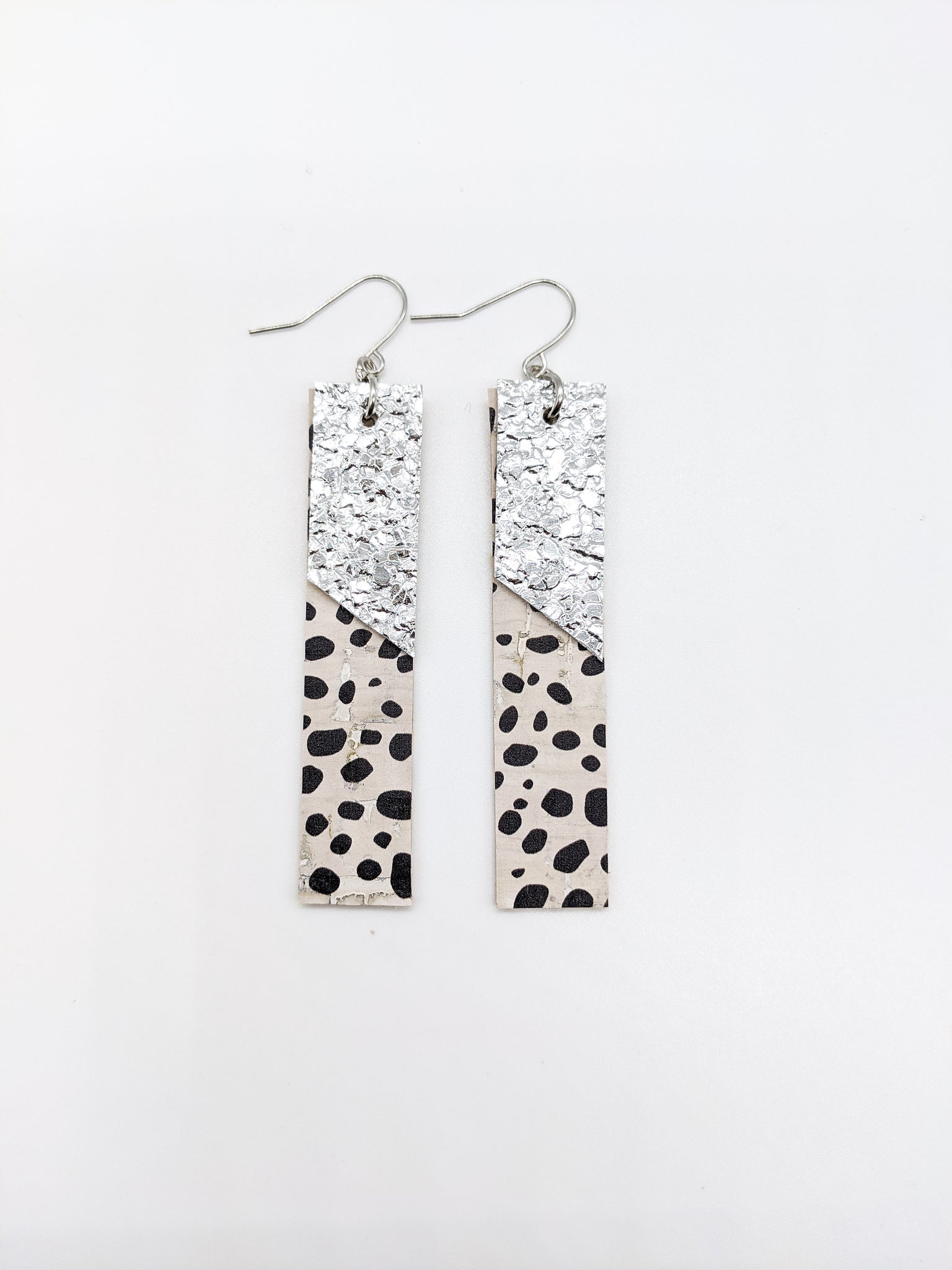 Dalmatian Print & Druzy Silver Layered Bar Earrings