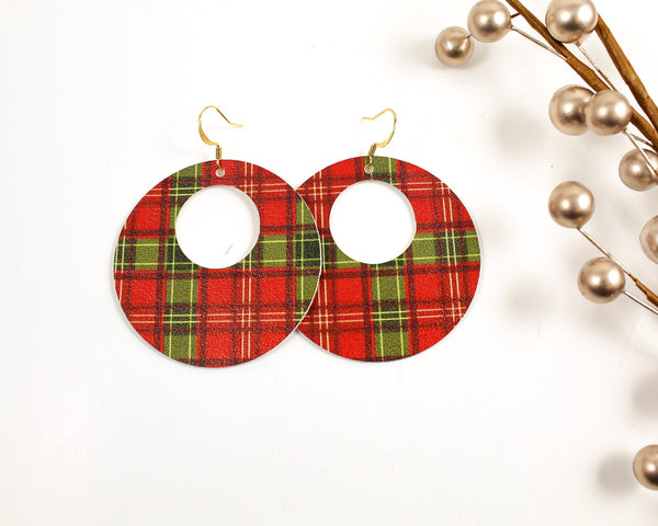 Red Christmas Plaid Open Disc Earrings
