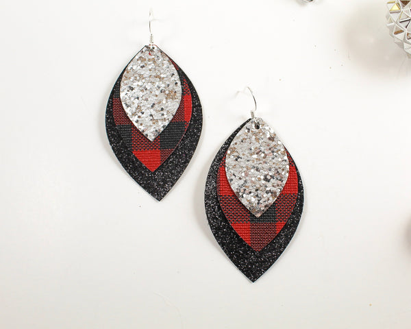 Layered Glitter, Red Plaid & Black Shimmer Earrings