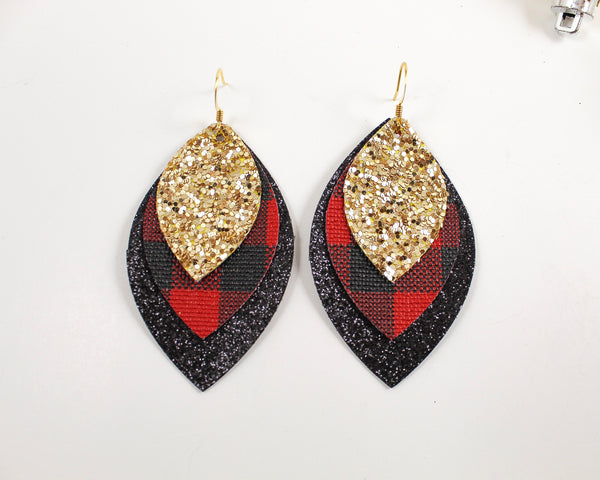 Layered Glitter, Red Plaid & Black Shimmer Earrings