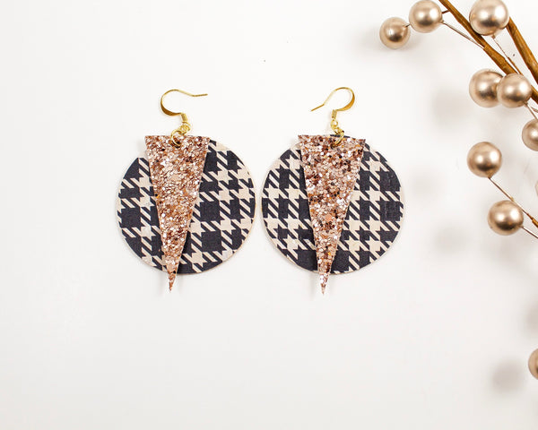 Black Hounds Tooth Print and Rose Gold Glitter Disc Earrings