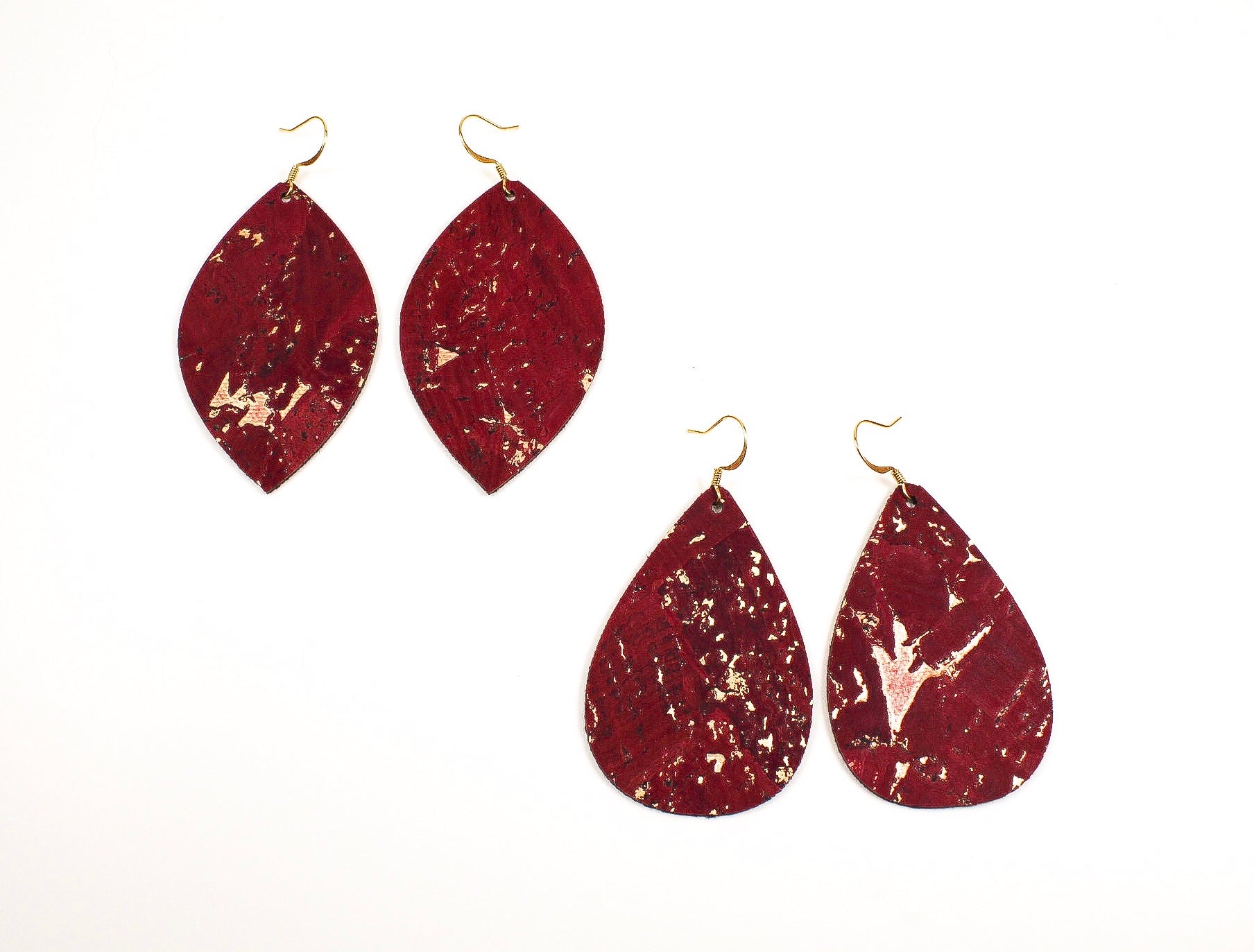 Red Wine Cork Teardrop or Leaf Earrings with Gold Flecks