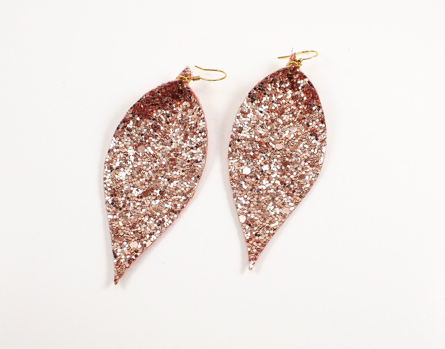 Rose Gold Glitter Pinched Feather Earrings