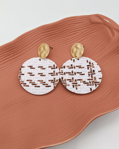 White with Bronze Foil Basket Weave Disc Earrings