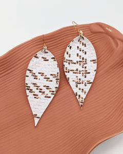 White with Bronze Foil Basket Weave Pinched Feather Earrings
