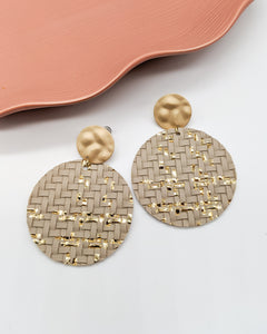 Taupe & Gold Foil Basket Weave Disc Earrings