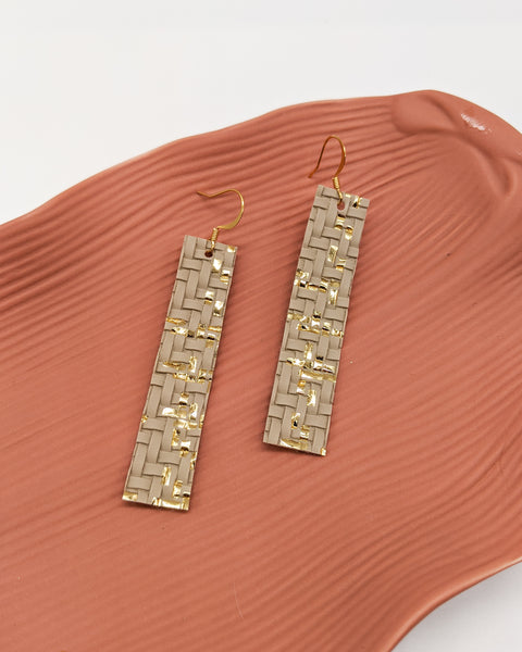 Taupe & Gold Basket Weave Bar Earrings