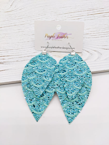 Aqua Blue Lace Glitter Fringe Feathers Earrings