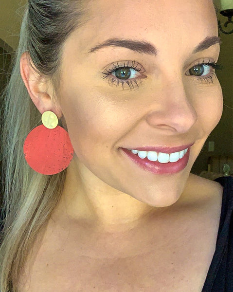 Coral Cork Disc Earrings on Posts