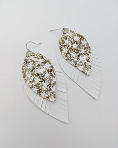 Gold & White Star Fringe Feather Earrings