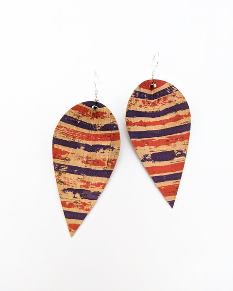 Red & Navy Stripe Cork Pinched Feather Earrings