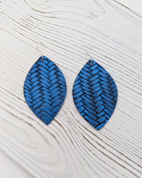 Metallic Blue Braided Leaf Earrings