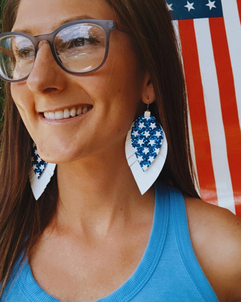 Blue Stars and White Fringe Feather Earrings