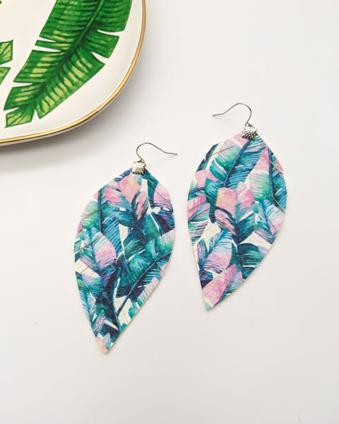 Pink & Blue Palm Leaf Print Fringe Feathers