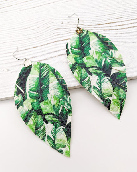 Green Palm Leaf Print Fringe Feather Earrings
