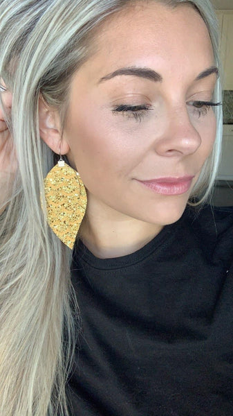 Yellow Lace Glitter Fringe Feather Earrings