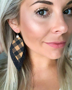 Tan and Black Plaid over Black Glitter Fringe Feather Earrings