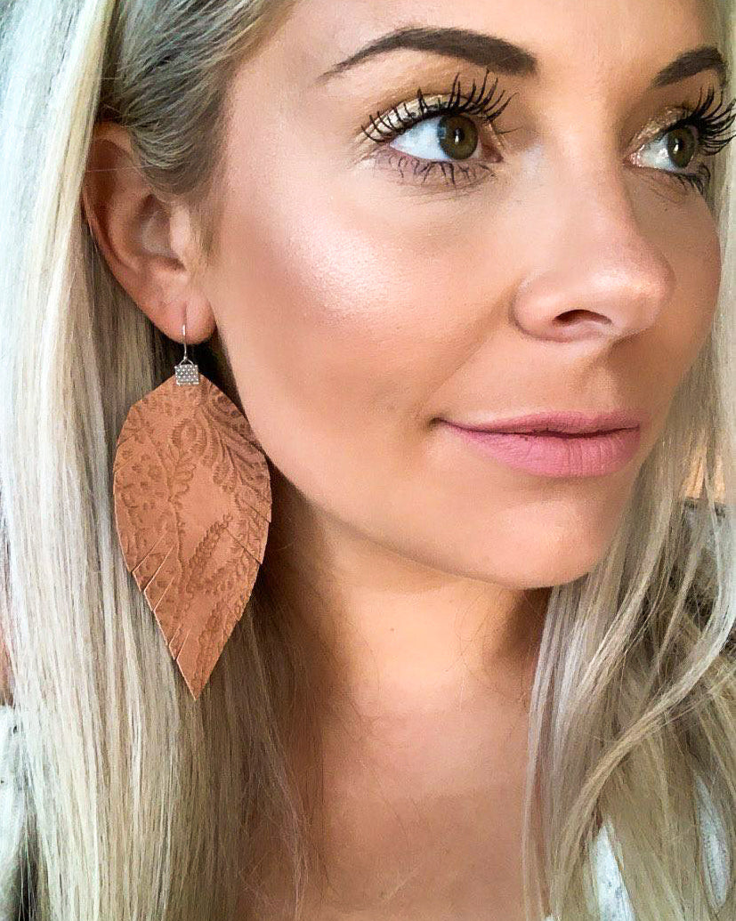 Textured Tan Leather Fringe Feather Earrings