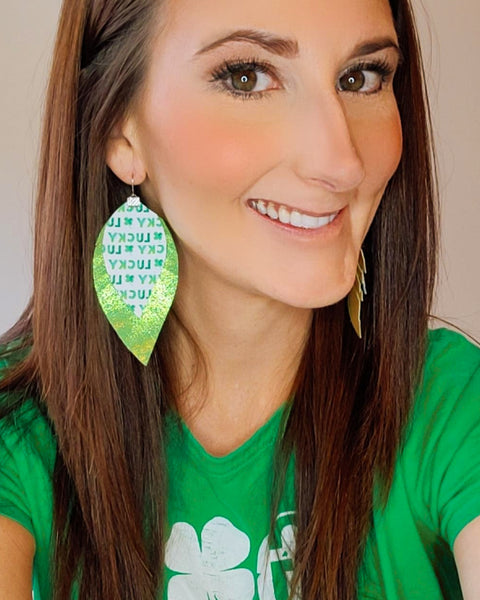 Lucky Shiny Green Fringe Feather Earrings