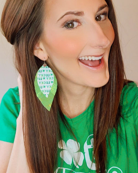 Lucky Shiny Green Fringe Feather Earrings