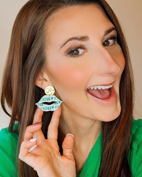 Lucky Green and White Lip Earrings on Gold Posts