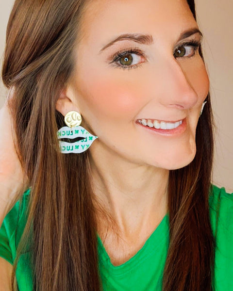 Lucky Green and White Lip Earrings on Gold Posts