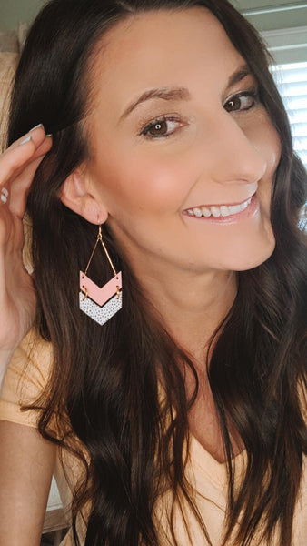Pink and White with Metallic Gold Chevron Triangle Earrings