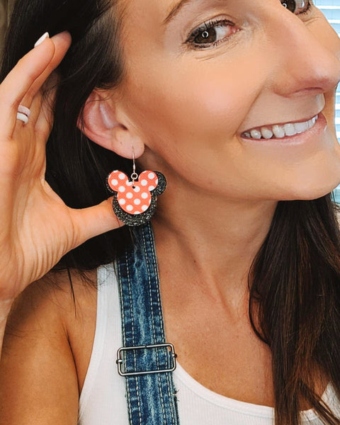 Red Polka Dot and Black Shimmer Layered Mickey Head Earrings