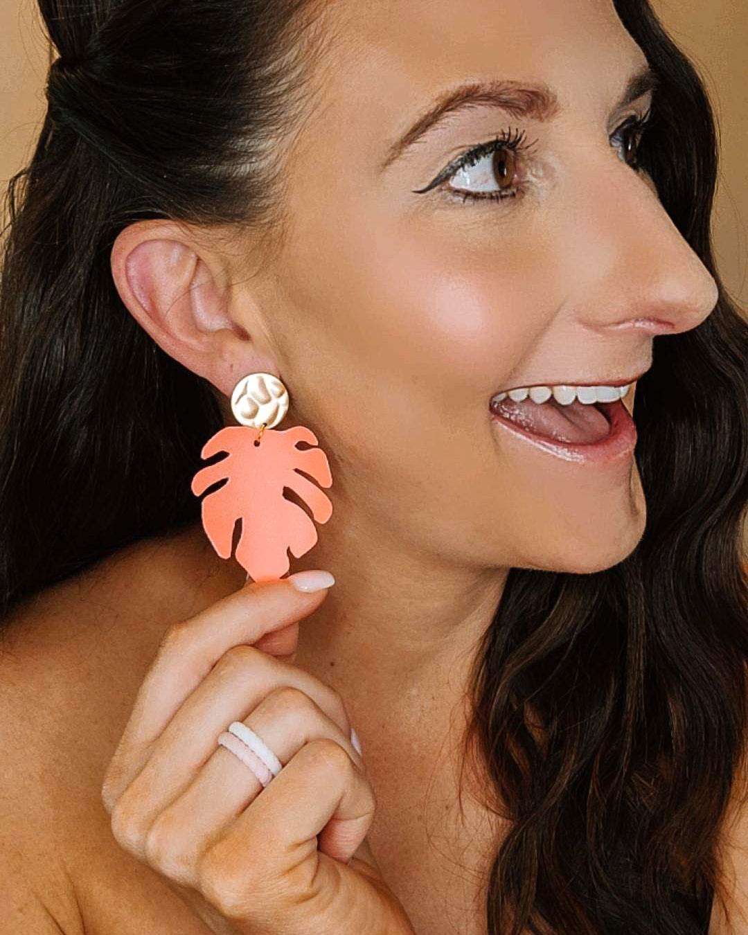 Neon Coral Monstera Leaf Earrings