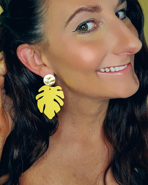 Bright Yellow Monstera Leaf Earrings