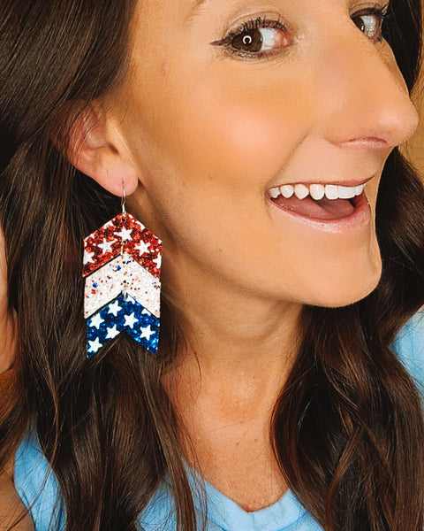 Glitter Stars, Red, White and Blue Chevron Earrings