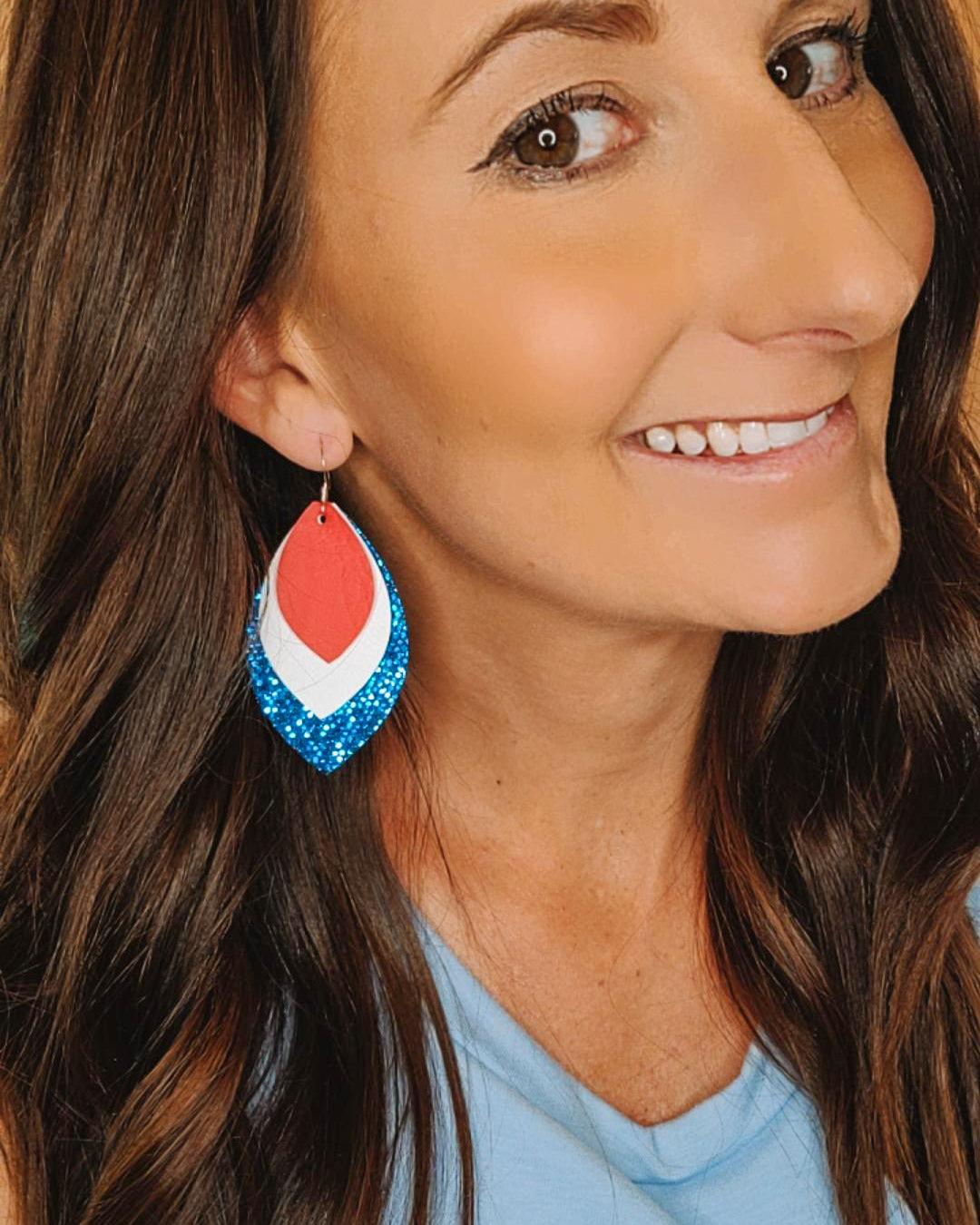 Red, White and Blue Glitter Oval Leaf Earrings